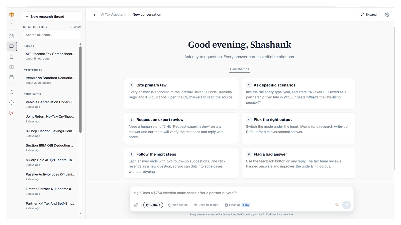 The Partnertax AI Tax Assistant workspace: chat history on the left, a new conversation with six usage tips (cite primary law, ask specific scenarios, request an expert review, pick the output mode, follow the next steps, flag a bad answer), and the composer with Default, Web search, Deep Research and Planning modes